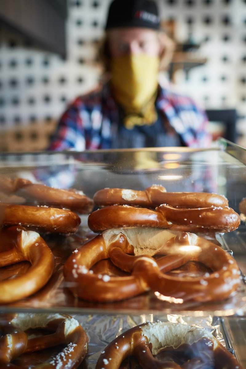 pretzel brown bread on clear glass table store