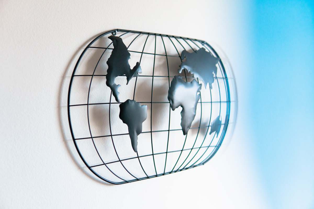 indoors black and white cat in cage world map