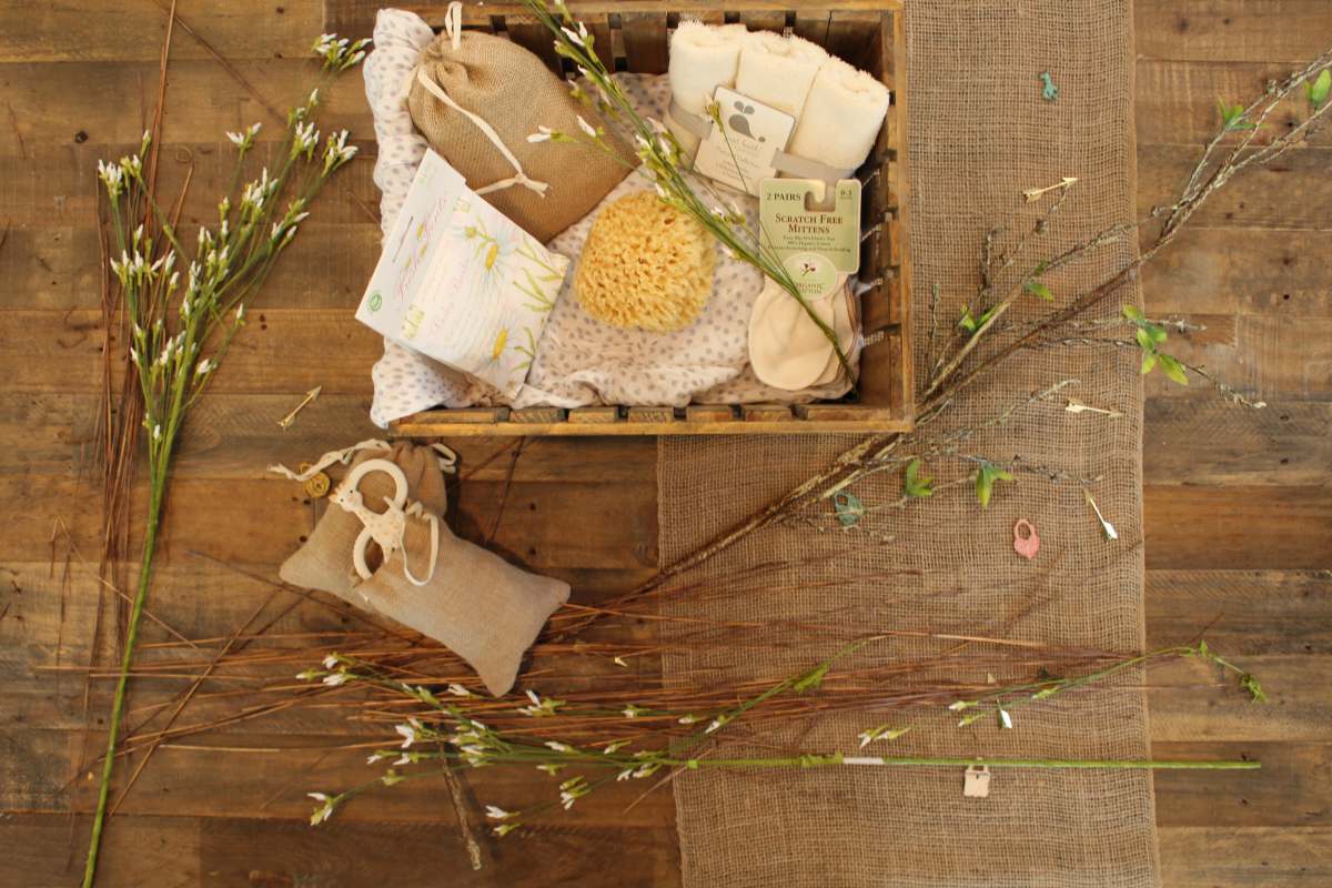 spa bathroom essentials on wooden crate gift
