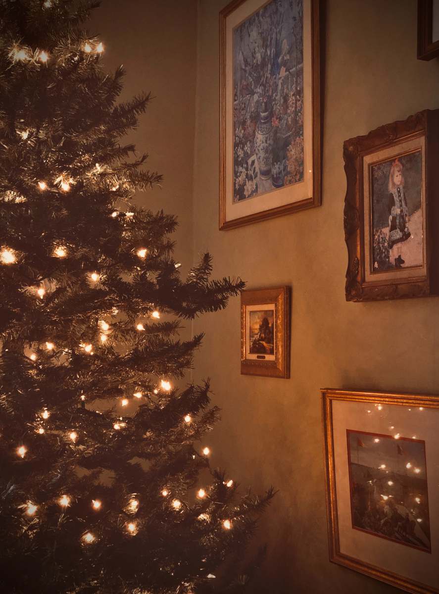 brown Christmas tree with turned on mini string lights near wall of pictures rhode island