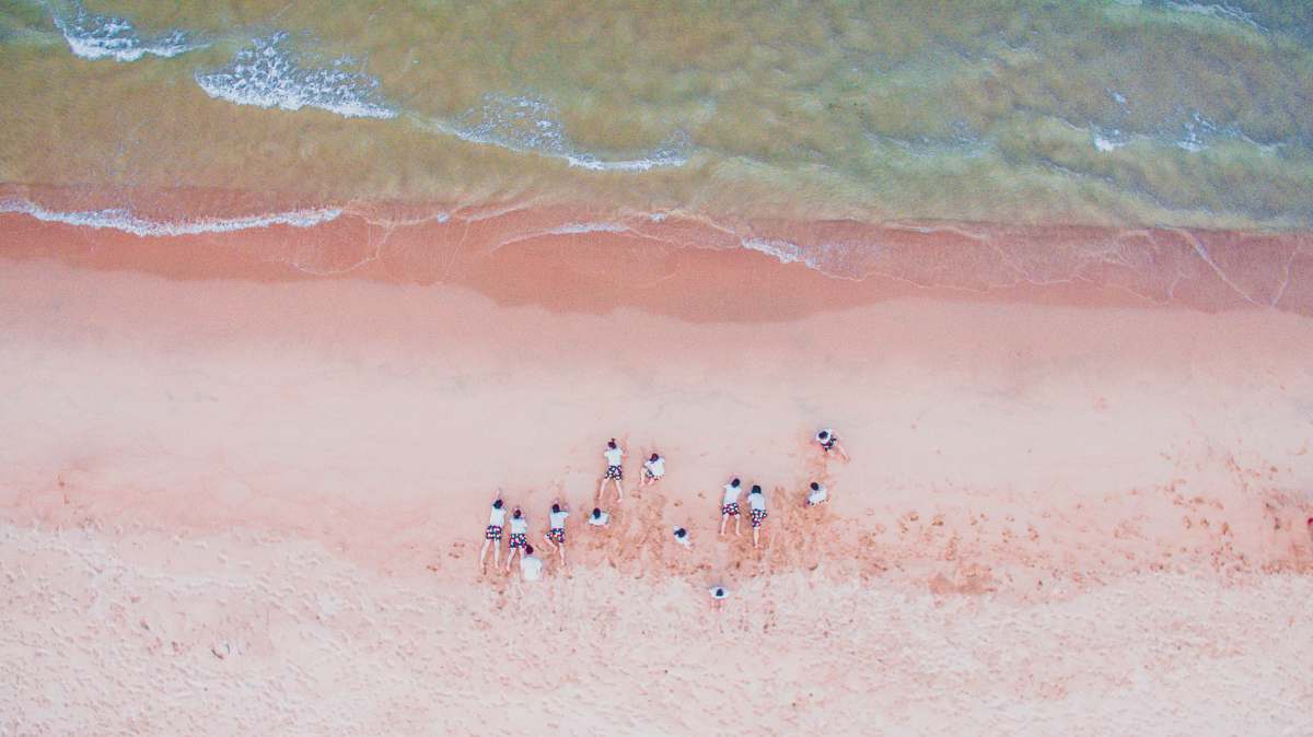 sea aerial photography of people lying on seashore during daytime beach