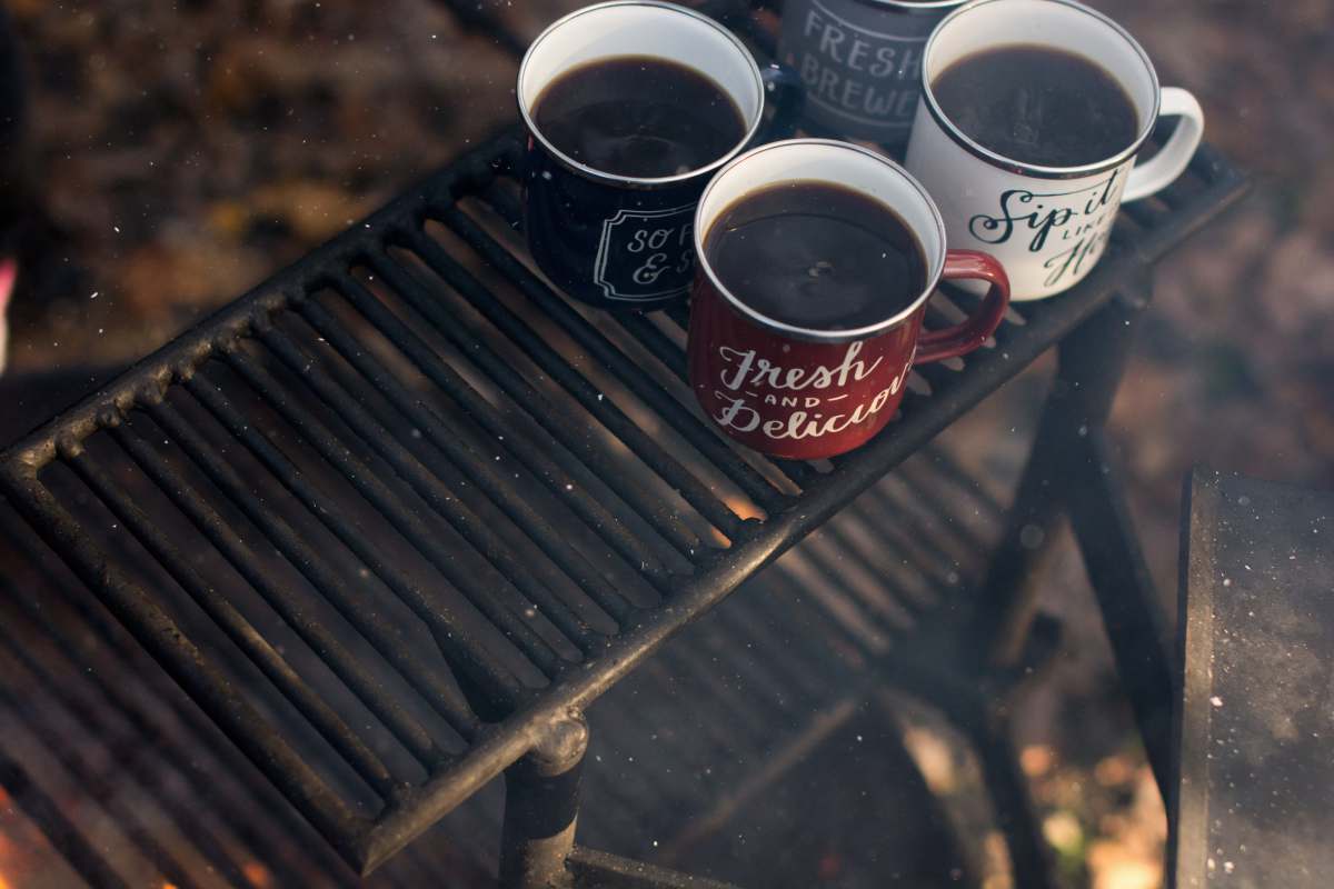 camping four assorted-color ceramic mugs on black grill frame ledges state park