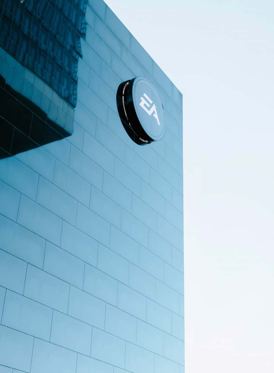 logo blue and white concrete building ea sports