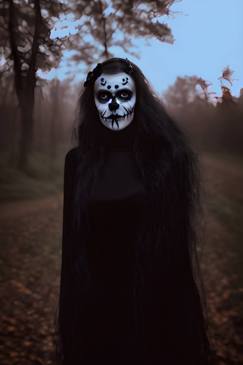 This captivating image features a mysterious woman draped in a black dress and mask, standing alone in a hauntingly beautiful forest. The scene embodies the essence of Halloween, with the dark, lush greenery creating a perfect backdrop for a spooky, ethereal atmosphere. Ideal for use in Halloween-themed projects, creative storytelling, or atmospheric designs, this photograph evokes a sense of intrigue and otherworldliness.