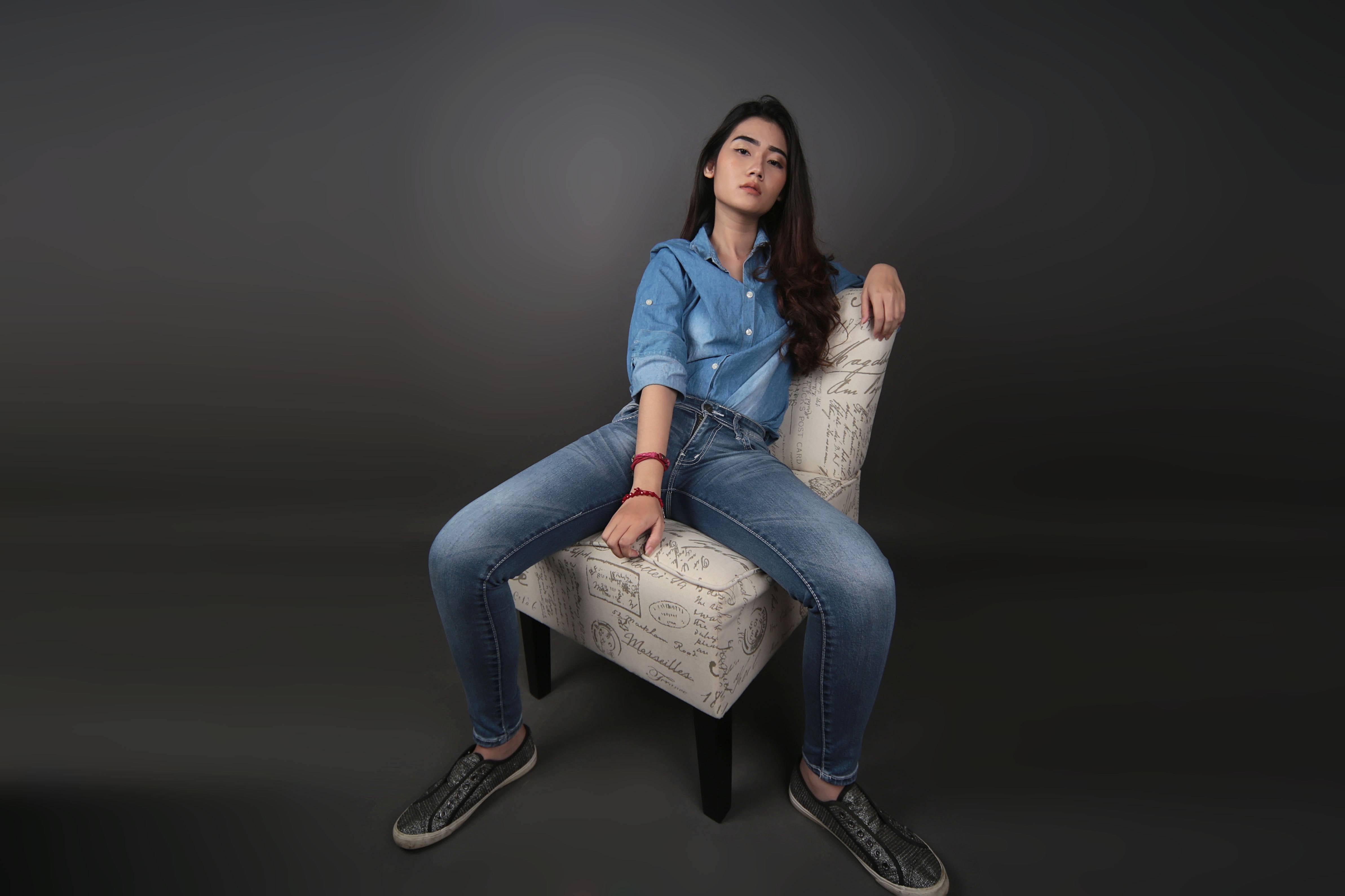 Sitting Blue Denim Jeans Beauty Fashion Image Free Photo