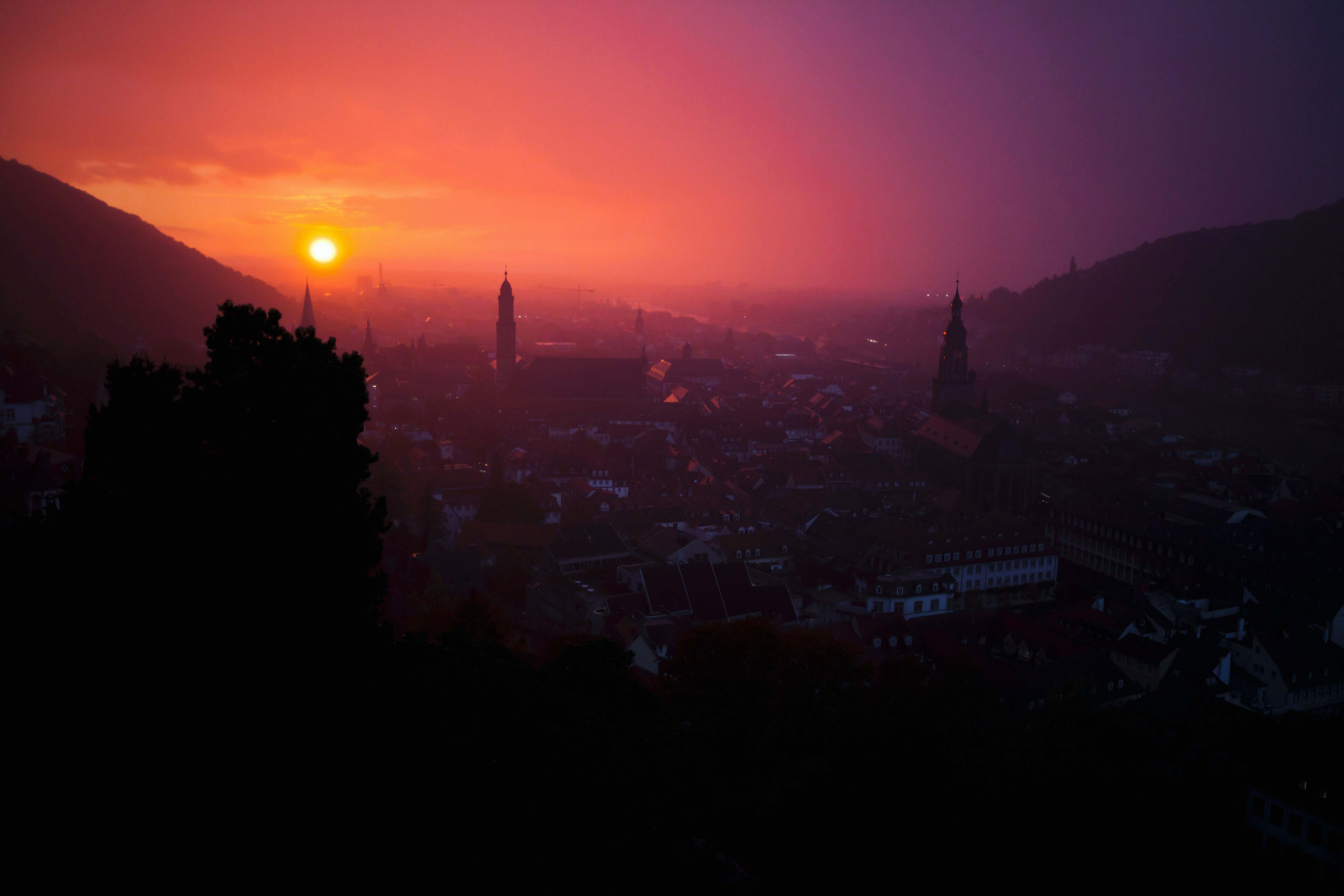 Heidelberg Aerial Photo Of Buildings During Golden Hour Sunset Image