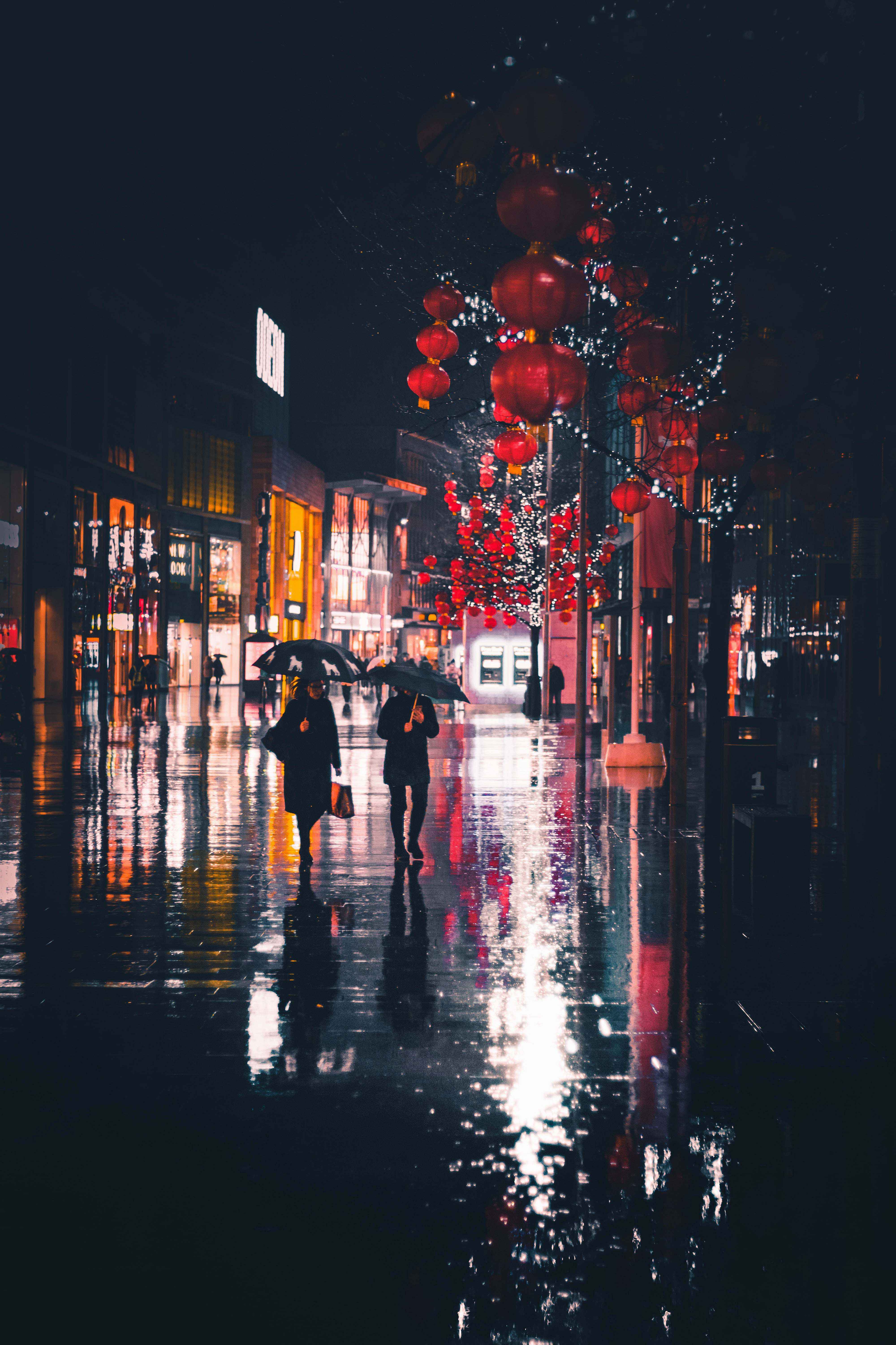 Rain People Walking Holding Umbrella At Night Image Free Photo