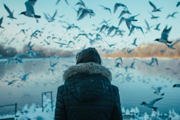 an adult woman from behind wearing a black coat looking at a blue lake full of flying birds --v 6