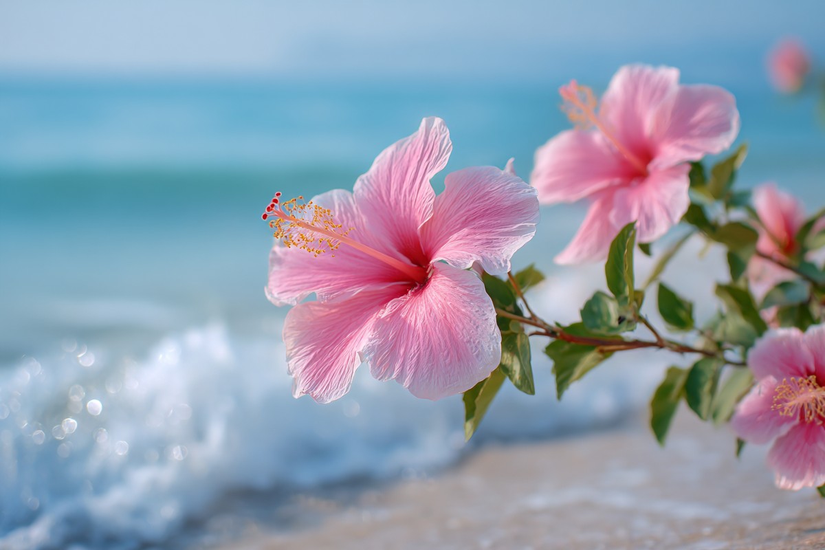 This image captures a close-up view of vibrant pink hibiscus flowers blooming against the backdrop of a serene beach. The delicate petals glisten in the sunlight, evoking a sense of tranquility and natural beauty. Ideal for travel blogs, floral design websites, or any content focused on nature and relaxation.
