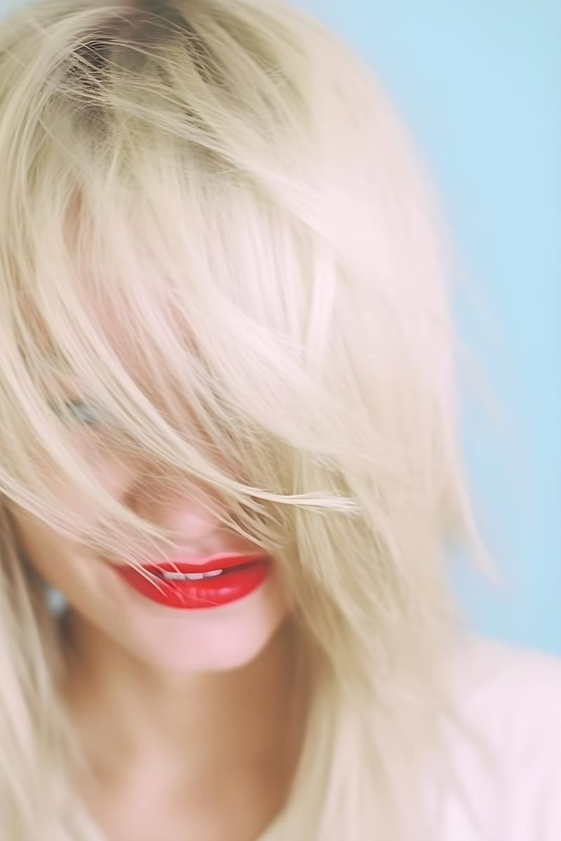 blond woman (head completely covered by hair))
