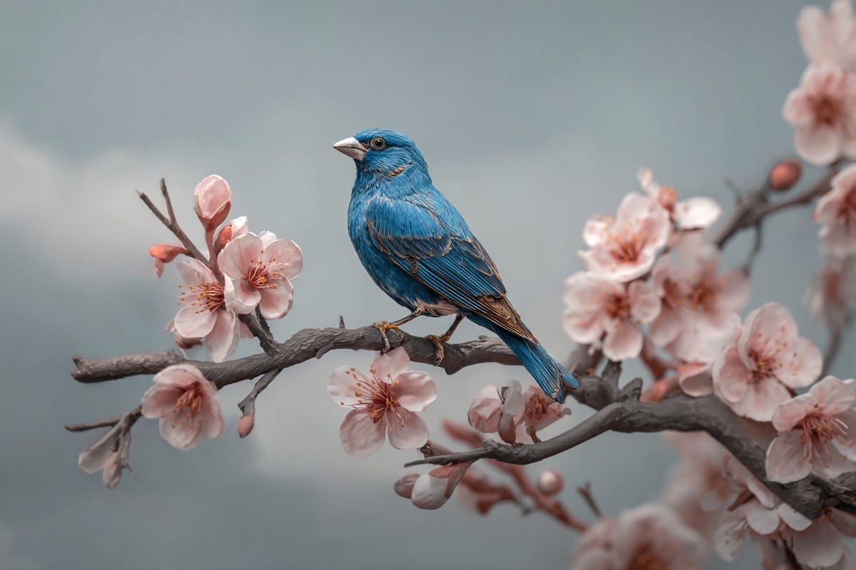 blue bird perched almond blossom branch 51f78335 1c78 41d3 bd6c