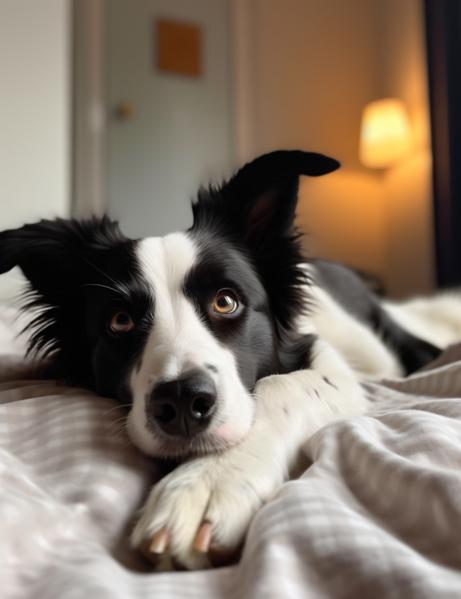 a border collie laying on bed in bed