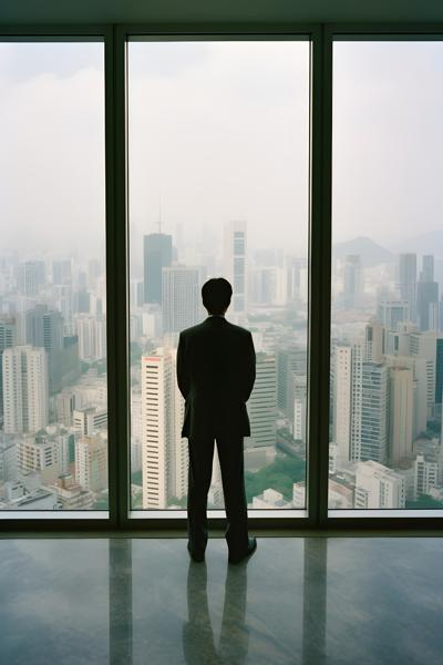 A businessman glancing out of a window from a high-rise office