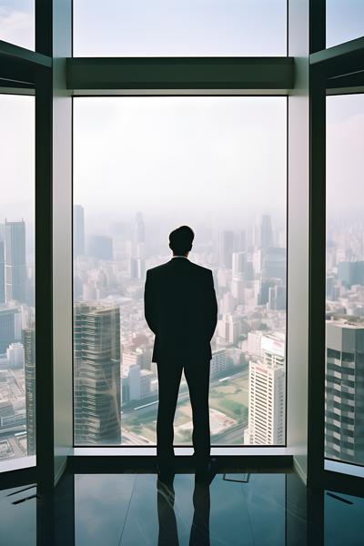 A businessman glancing out of a window from a high-rise office