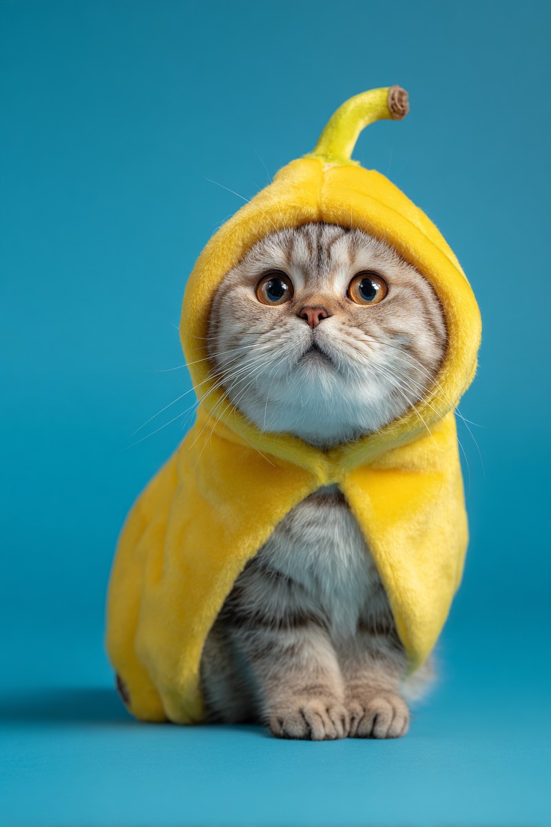 cat banana costume blue floor viral pet