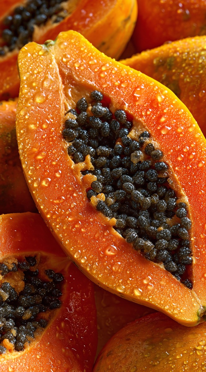 close fresh papaya cut half and filled