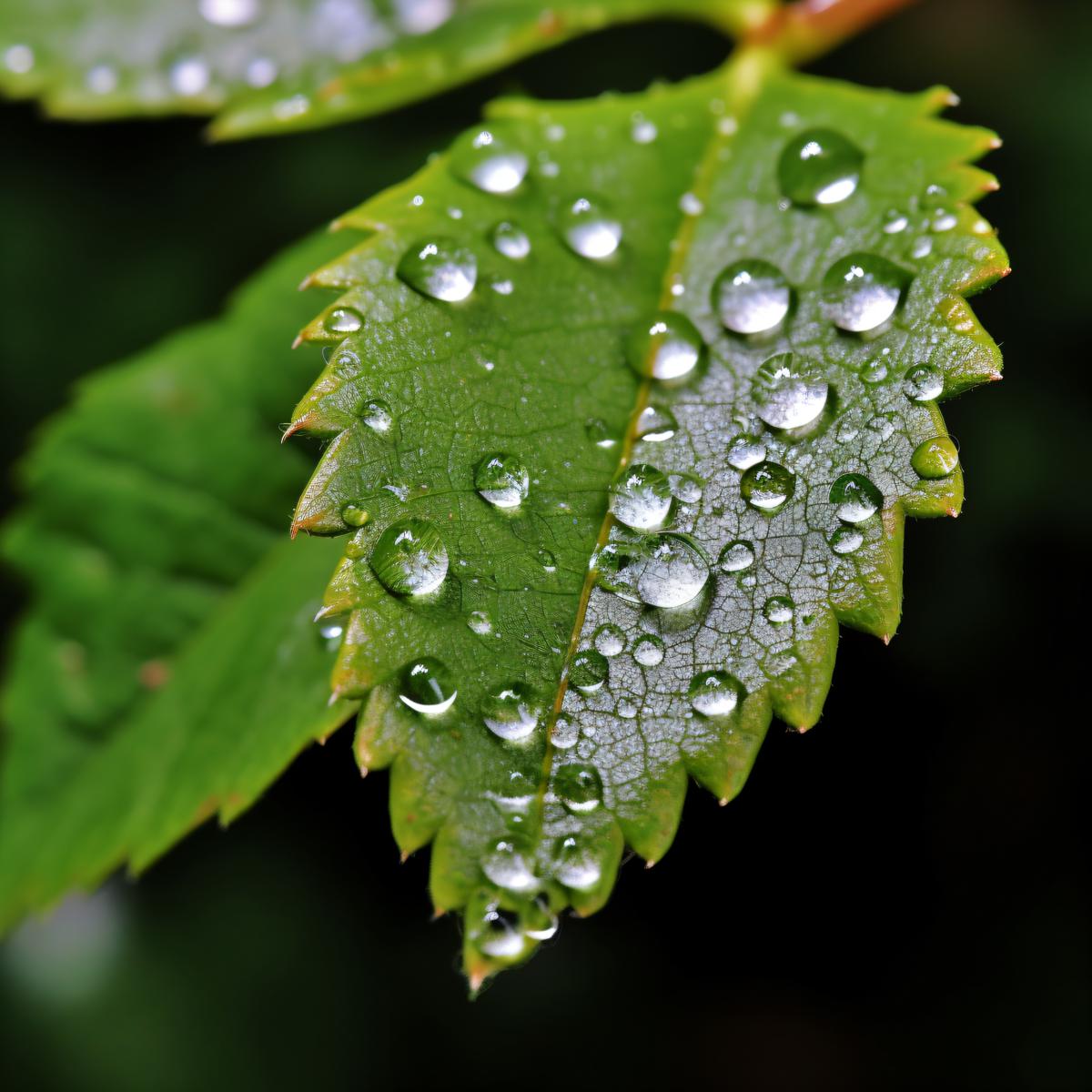 a close up of a leaf with water droplets on it