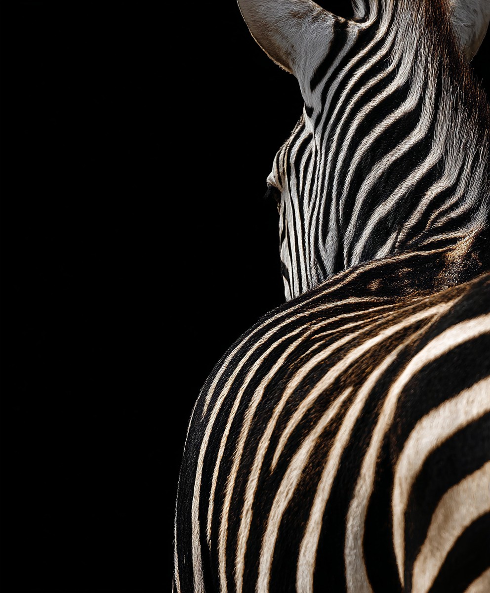 This close-up photo captures a zebra standing in darkness, its back and tail visible as it gazes upward. The contrast between the black background and the zebra's unique stripes creates a striking visual. Ideal for wildlife conservation campaigns, educational materials, or projects focused on animal behavior and biodiversity.