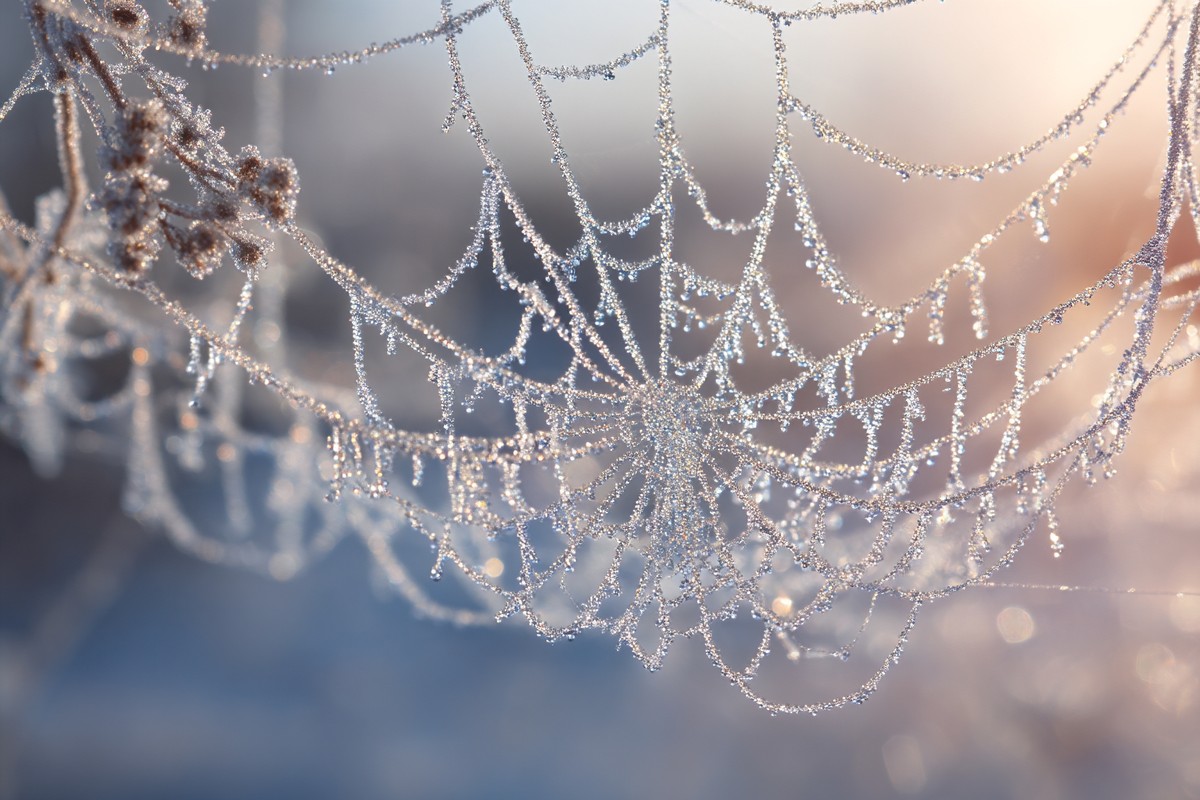 This close-up image showcases a spider web delicately covered in a layer of frost, creating an intricate pattern of icy crystals. The juxtaposition of natures artistry and the cold environment highlights the beauty found in detail. Ideal for articles on nature, winter themes, or discussions on ecosystems, this image captures a moment of serene stillness in nature.