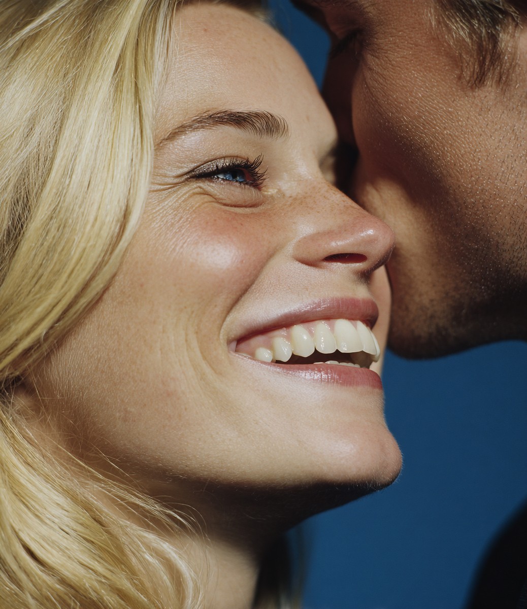 close woman with blonde hair and blue eyes