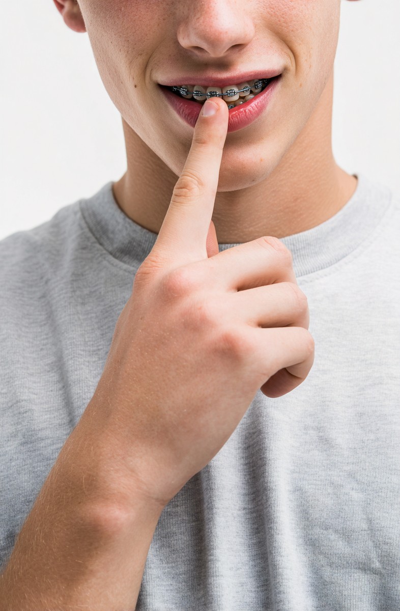 This close-up image captures a young man proudly displaying his braces, with a tooth clearly visible in his mouth. The photograph highlights the significance of dental care and self-confidence among youth. Ideal for use in health campaigns, dental clinics, and lifestyle blogs focused on personal grooming and youth culture.