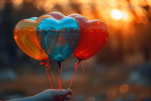Close-up of hands holding heart-shaped balloons against a sunset backdrop