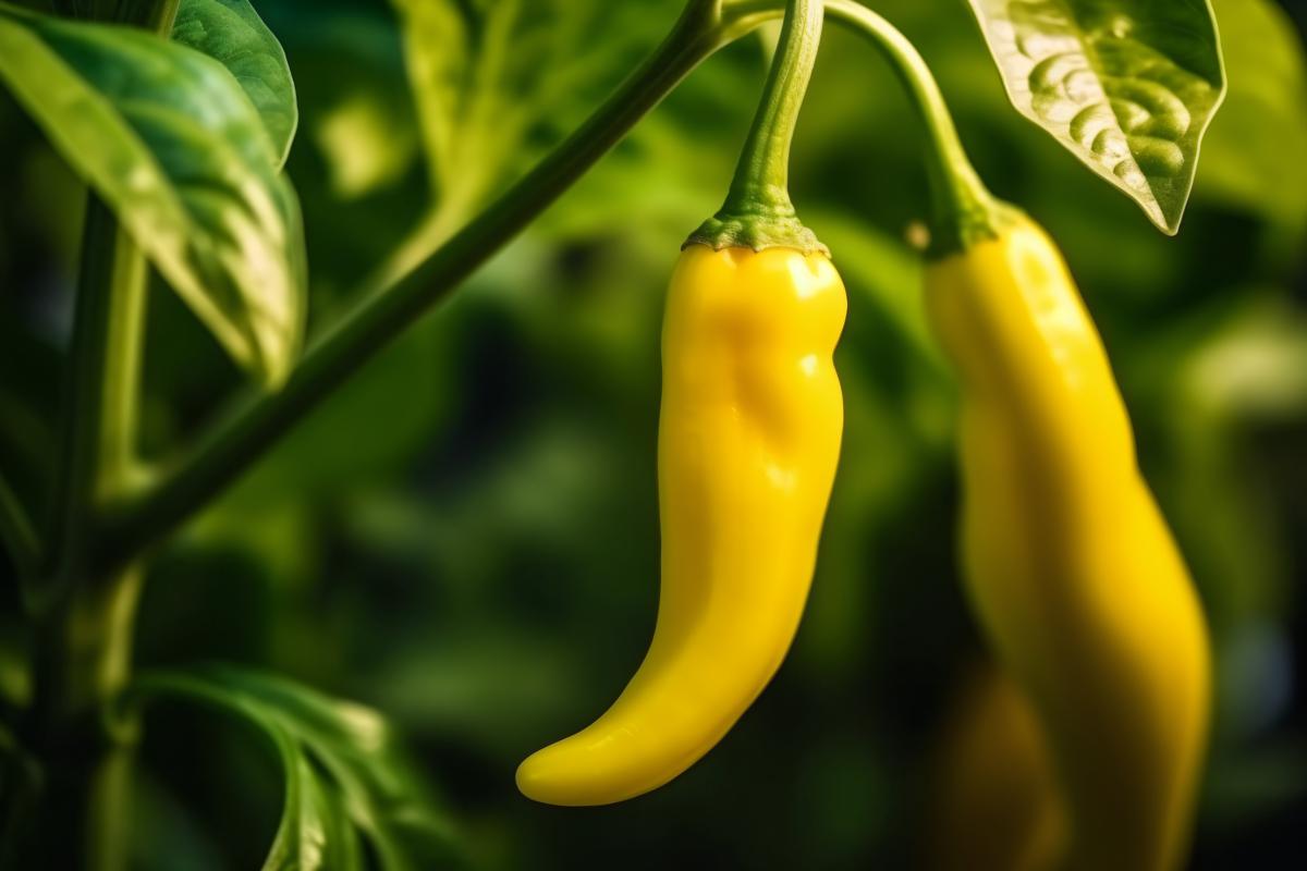 A close-up shot of a ripe yellow banana pepper growing on a plant