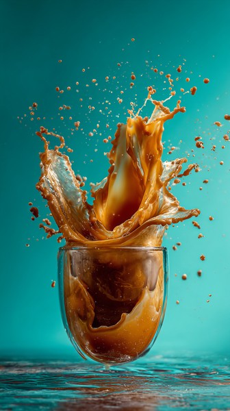 Coffee Splash Mid-Air Against Teal Background
