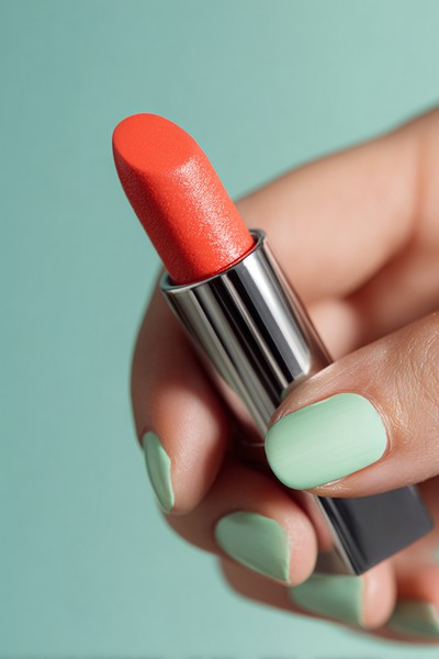 coral lipstick being applied with mint green nails