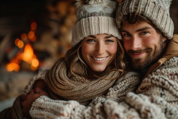 A couple snuggled up together under a cozy blanket by the fire