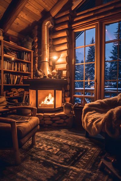 Cozy winter cabin with a crackling fireplace and snowy landscape outside