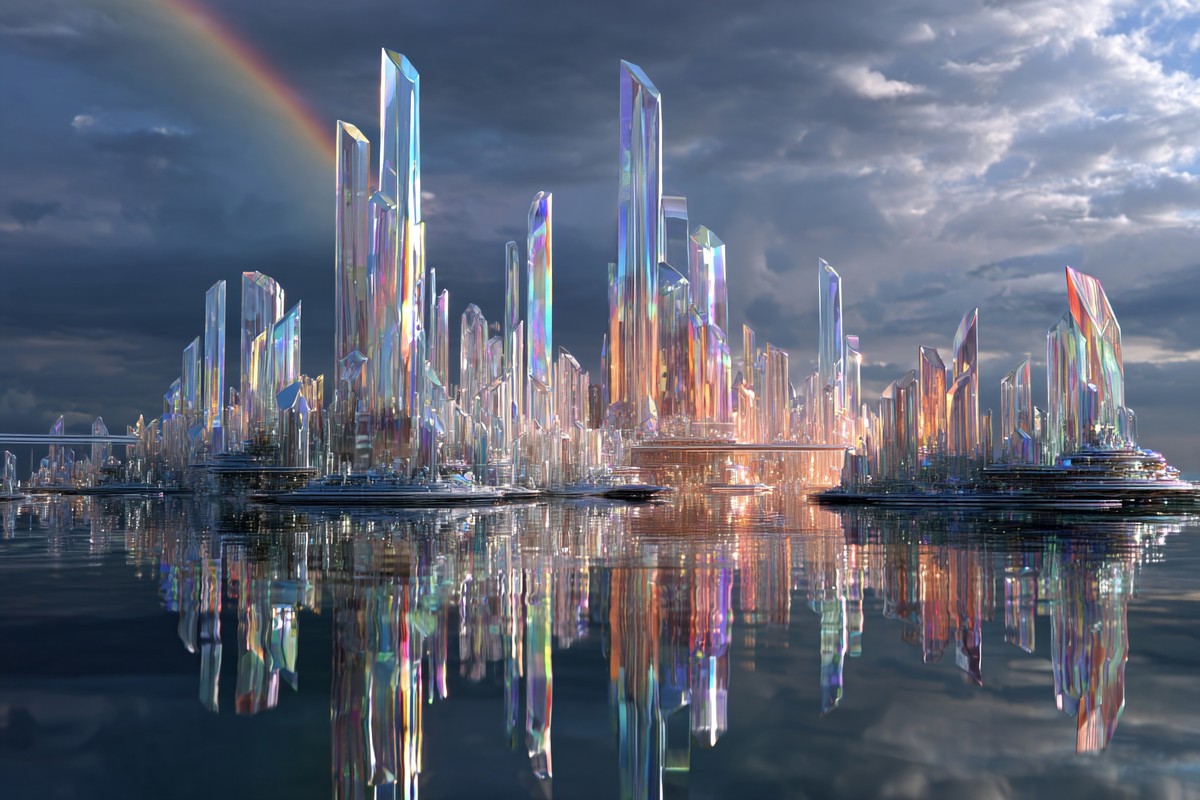 This image showcases a crystalline city skyline, characterized by its modern architecture and vibrant rainbow-colored sky. The scene captures the essence of a utopian future, where technology meets nature. Ideal for use in projects focused on innovation, urban development, or environmental themes, this image evokes a sense of hope and possibility in urban living.