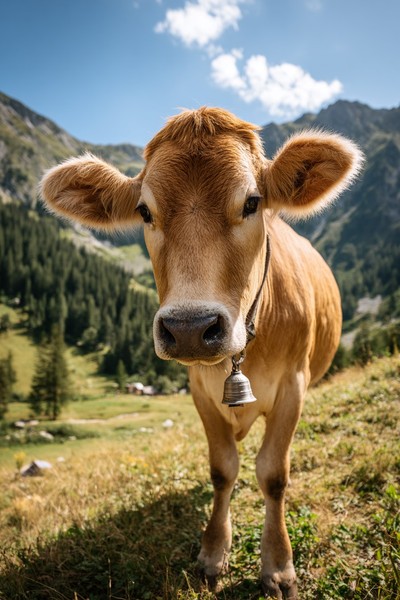 cute light brown colored cow with its head tilte