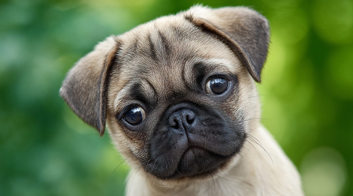 This image captures a small pug puppy gazing directly at the camera with a sorrowful expression. The pup's big, round eyes convey a sense of longing, inviting viewers to connect emotionally. Ideal for use in animal rescue campaigns, pet care websites, or any content focusing on the emotional intelligence of animals.