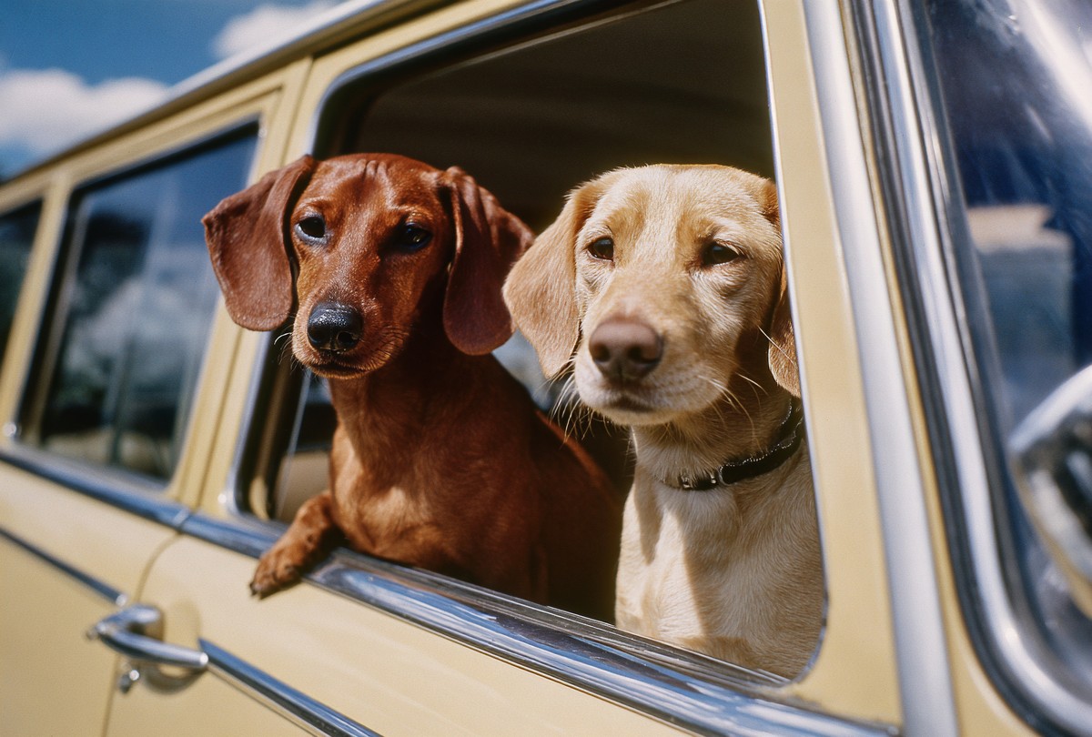 A playful dachshund and a brown Labrador Retriever sit side by side, gazing out the window of a car. Their curiosity is evident as they take in the sights passing by, embodying the joy of adventure. This image is perfect for pet-related businesses, travel blogs, or any content focused on companionship and exploration.