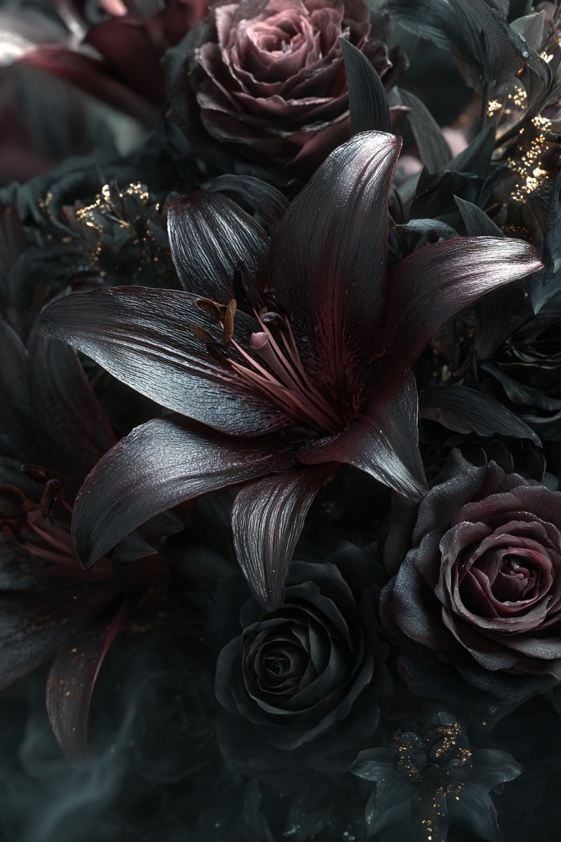 This captivating arrangement features dark flowers, prominently showcasing black lilies alongside purple and black leaves. Ideal for settings that embrace gothic aesthetics or for use in themed events, this bouquet evokes a sense of mystery and elegance. Perfect for promotional materials in floristry, event planning, or home decor.