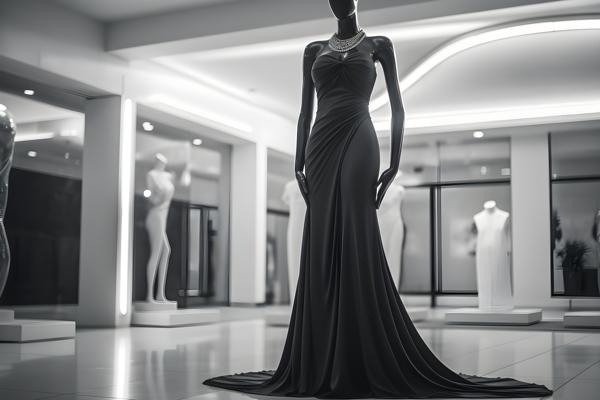 Elegantly poised mannequin wearing a sleek black evening gown