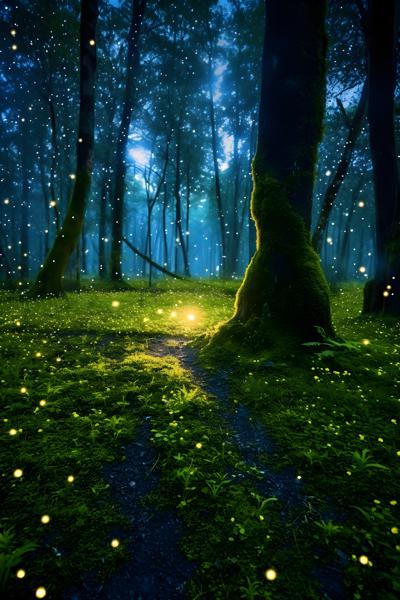 Enchanting fairy-tale forest with moss-covered trees and twinkling fireflies