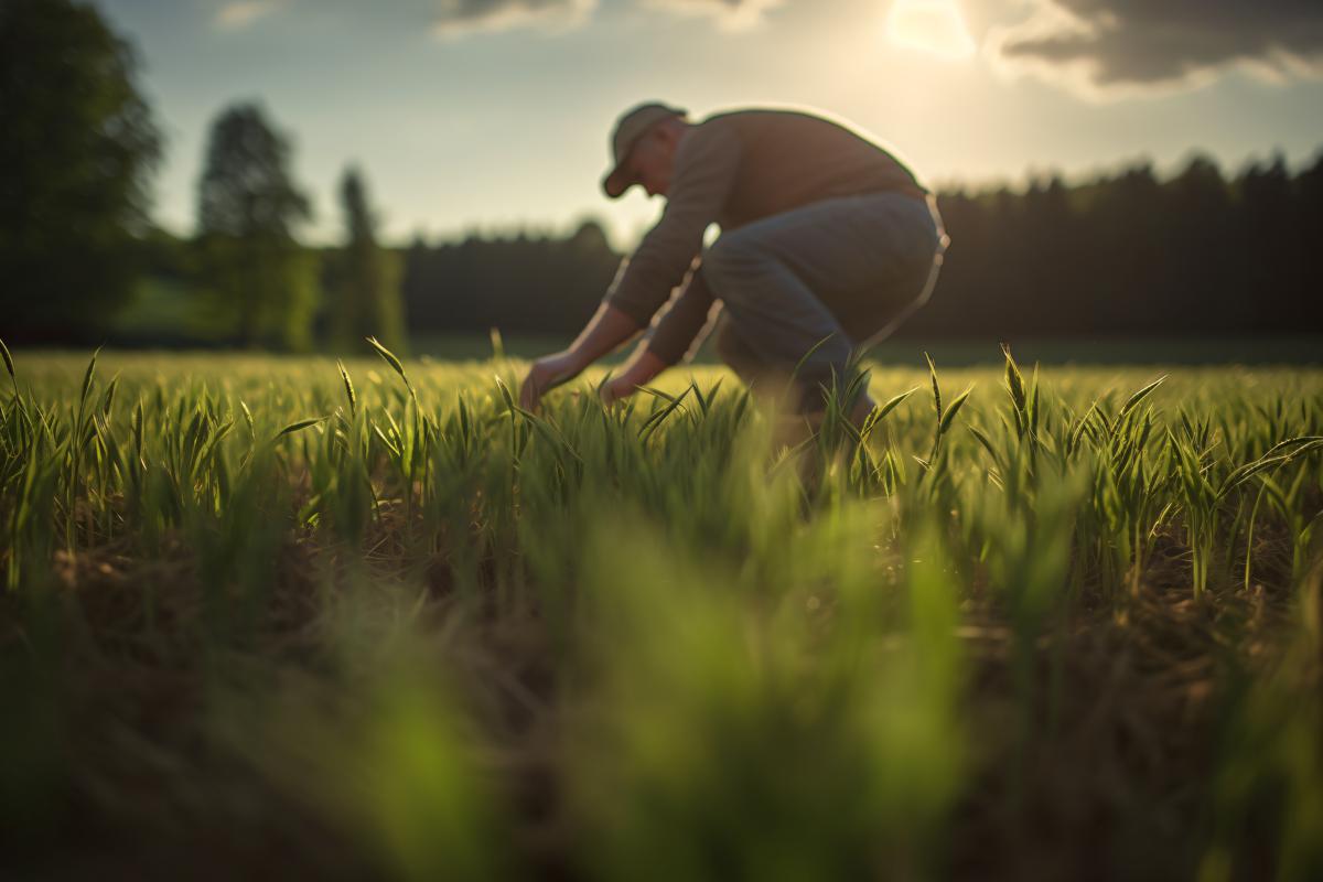 A farmer tending to a field of young wheat plants