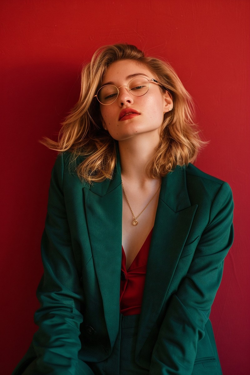 fashion power suit emerald green blazer against rich