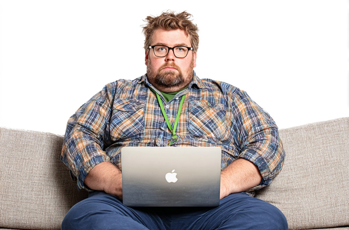 fat man sitting the couch with