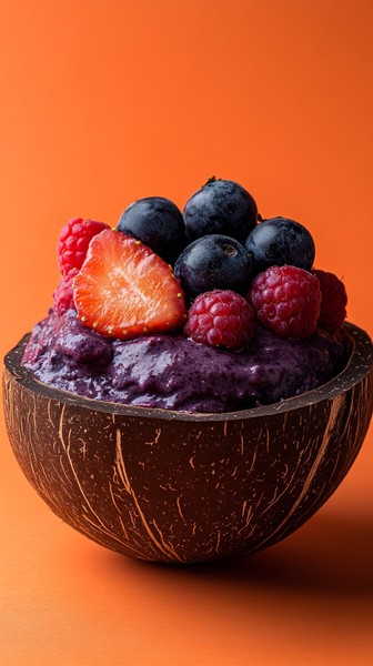 Coconut Shell Bowl with Acai and Fresh Berries on Orange Background