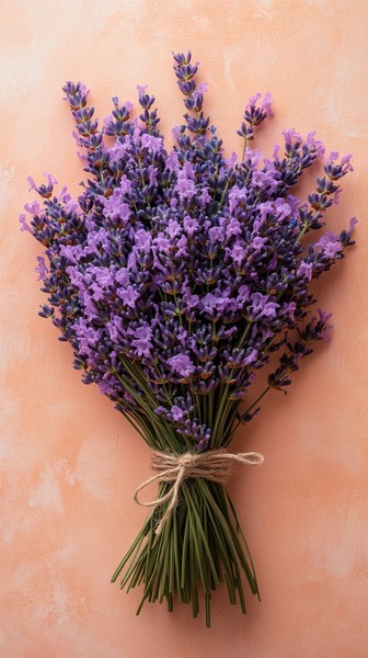 Lavender Bundle Tied with Twine Against Peach Background