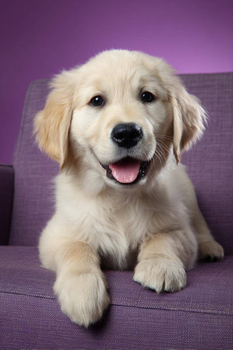 golden retriever puppy sitting violet couch pla