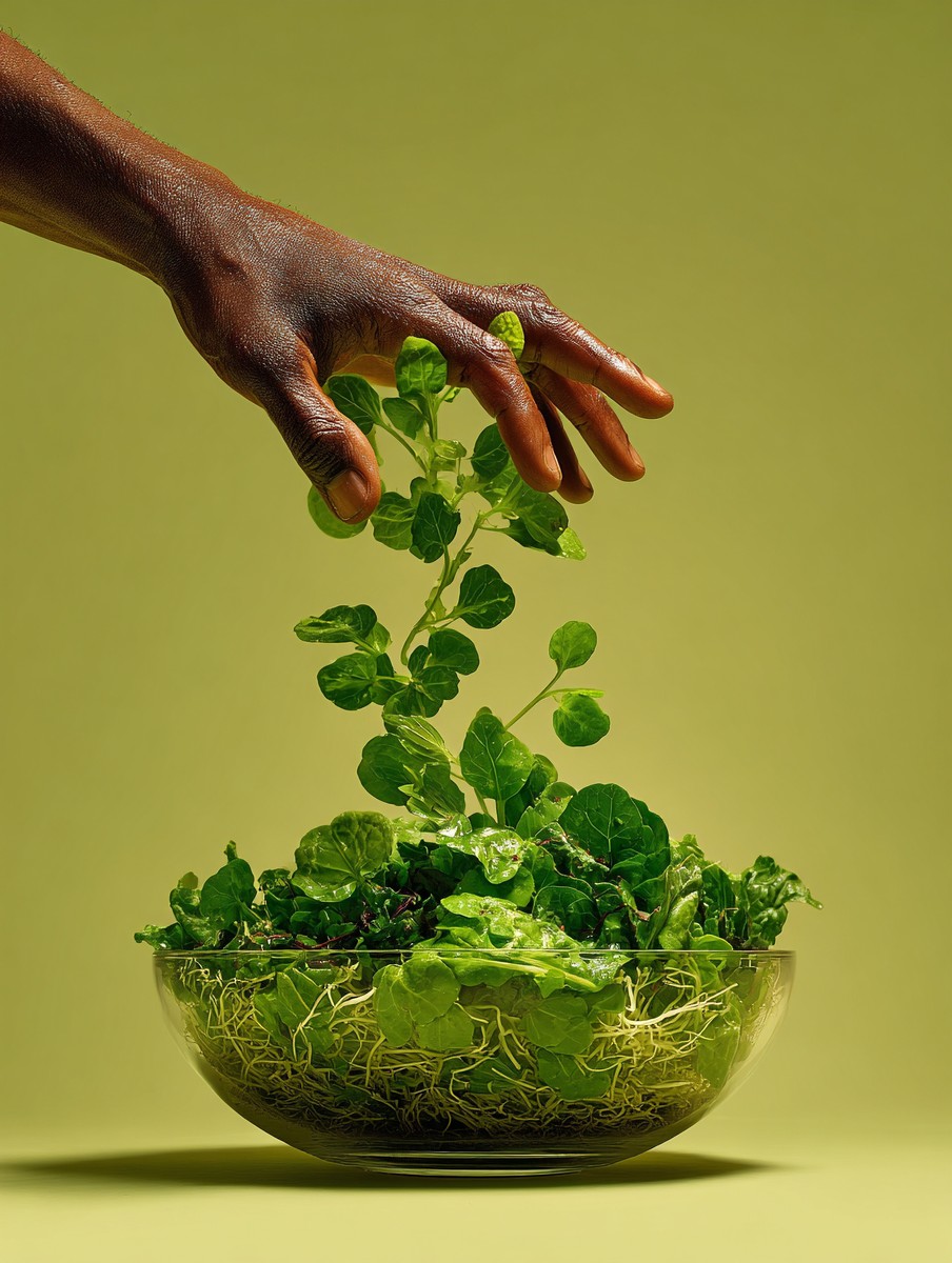 This image features a hand reaching into a bowl filled with fresh, leafy greens, symbolizing a connection to healthy eating and wellness. It's perfect for content related to nutrition, cooking, or lifestyle choices. The inviting colors and simplicity make it an ideal choice for salad recipes, health blogs, or culinary promotions.