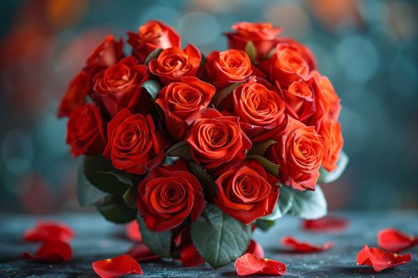 A heart-shaped bouquet of red roses wrapped in satin ribbon