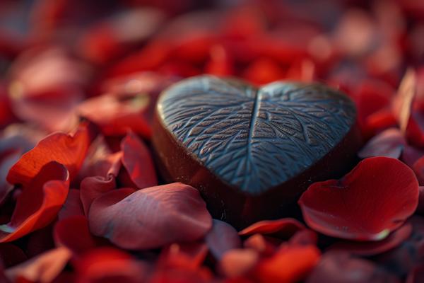 A heart-shaped box of chocolates nestled among rose petals