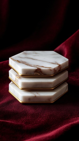 Stacked Hexagonal Marble Coasters with Brass Edges on Red Velvet