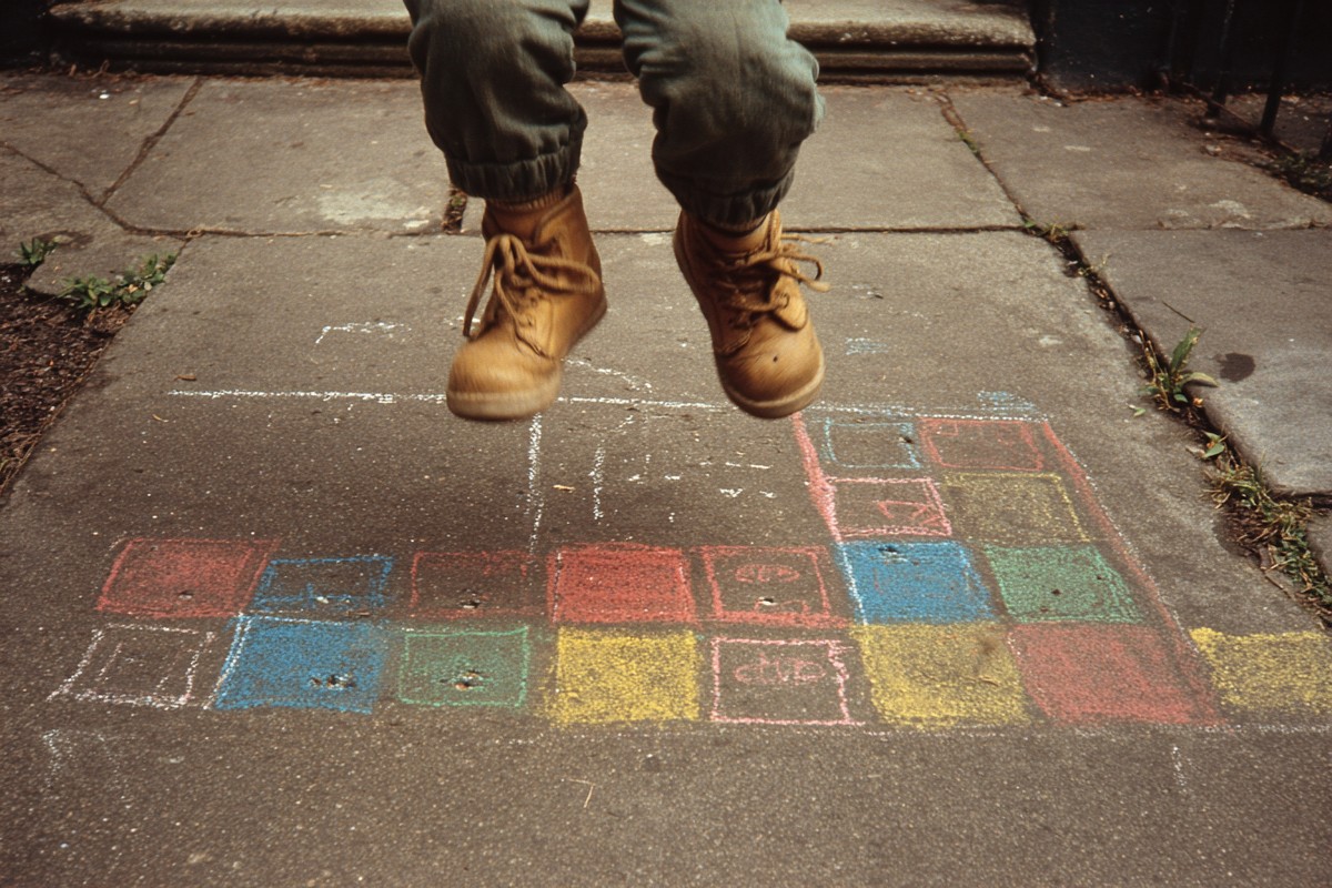 hopscotch drawn sidewalk with chalk childs feet b7f1ee43 c41e 4d1b