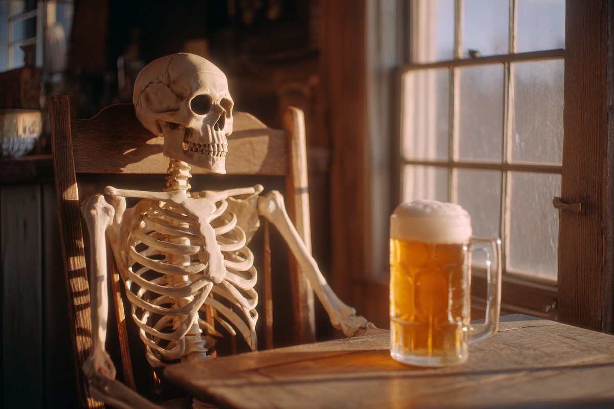 This hyperrealistic image features a skeleton casually seated on a wooden chair at a table, holding a beer. The juxtaposition of the skeletal figure and the relaxed setting invites viewers to reflect on themes of mortality and celebration. Ideal for use in advertising campaigns, blog posts on life, leisure, or even Halloween-themed content.
